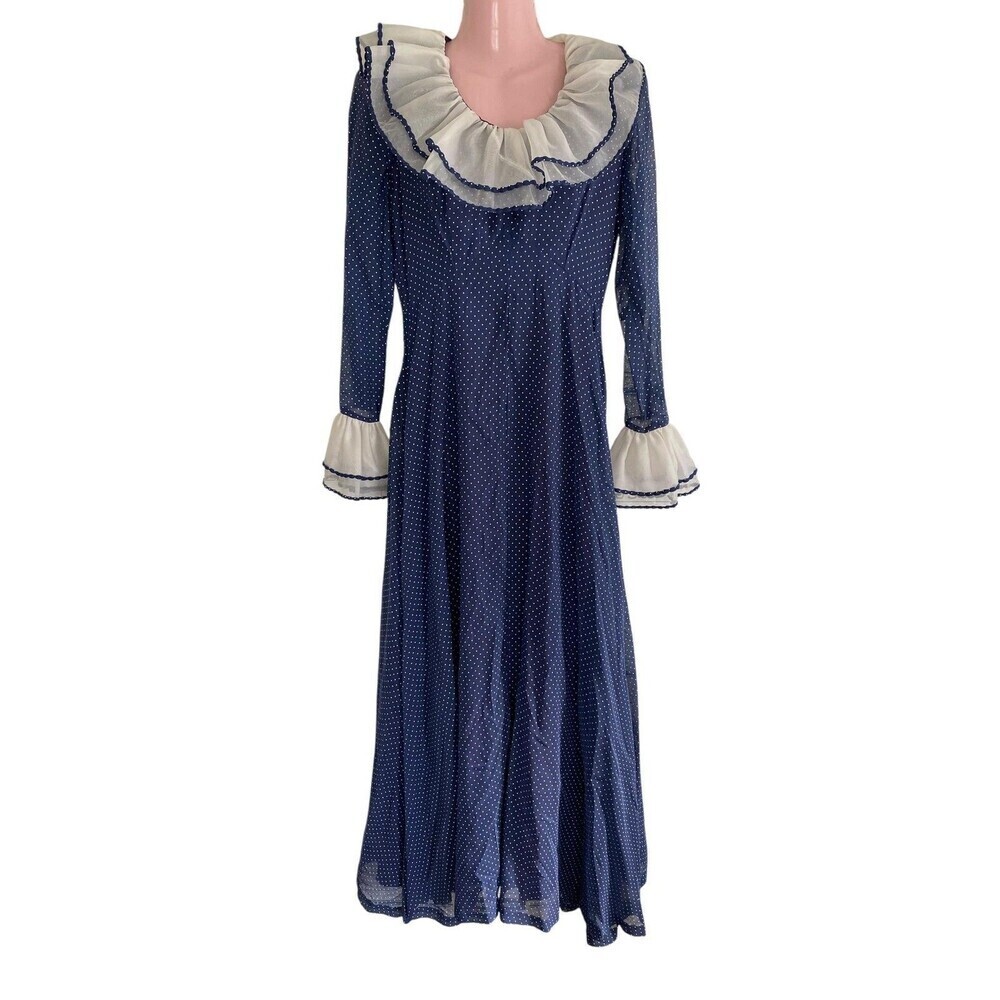 Vintage William A. Miller Dress Womens M Blue Polka Dot Ruffle Collar Maxi 70s